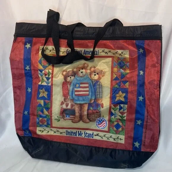 Teddy Bear Tote Bag Heavyweight Teacher Whimsical Black Red - Picture 1 of 3